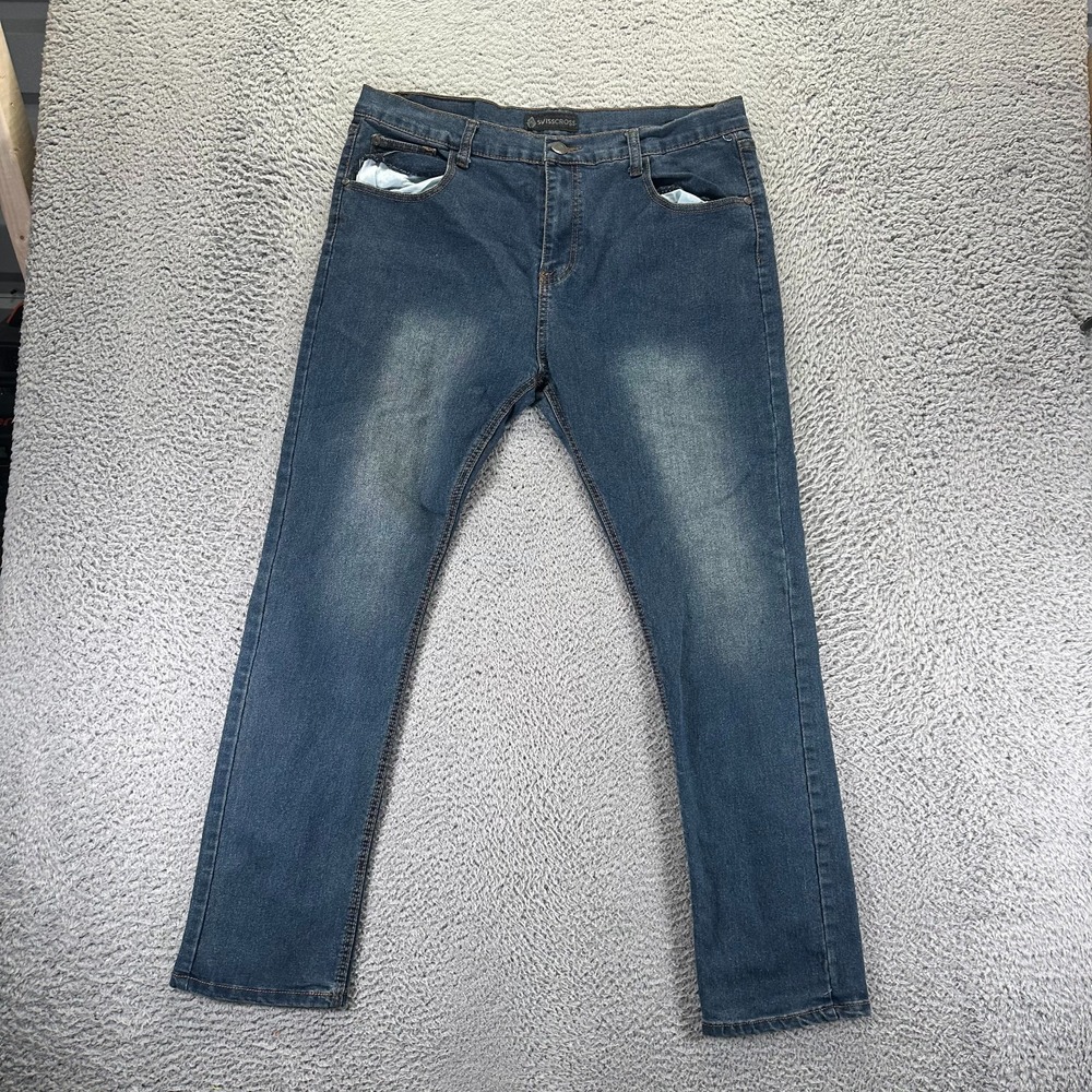 Swiss Cross Jeans Mens 36x30 Blue Cotton Denim Straight Workwear Faded Stretch